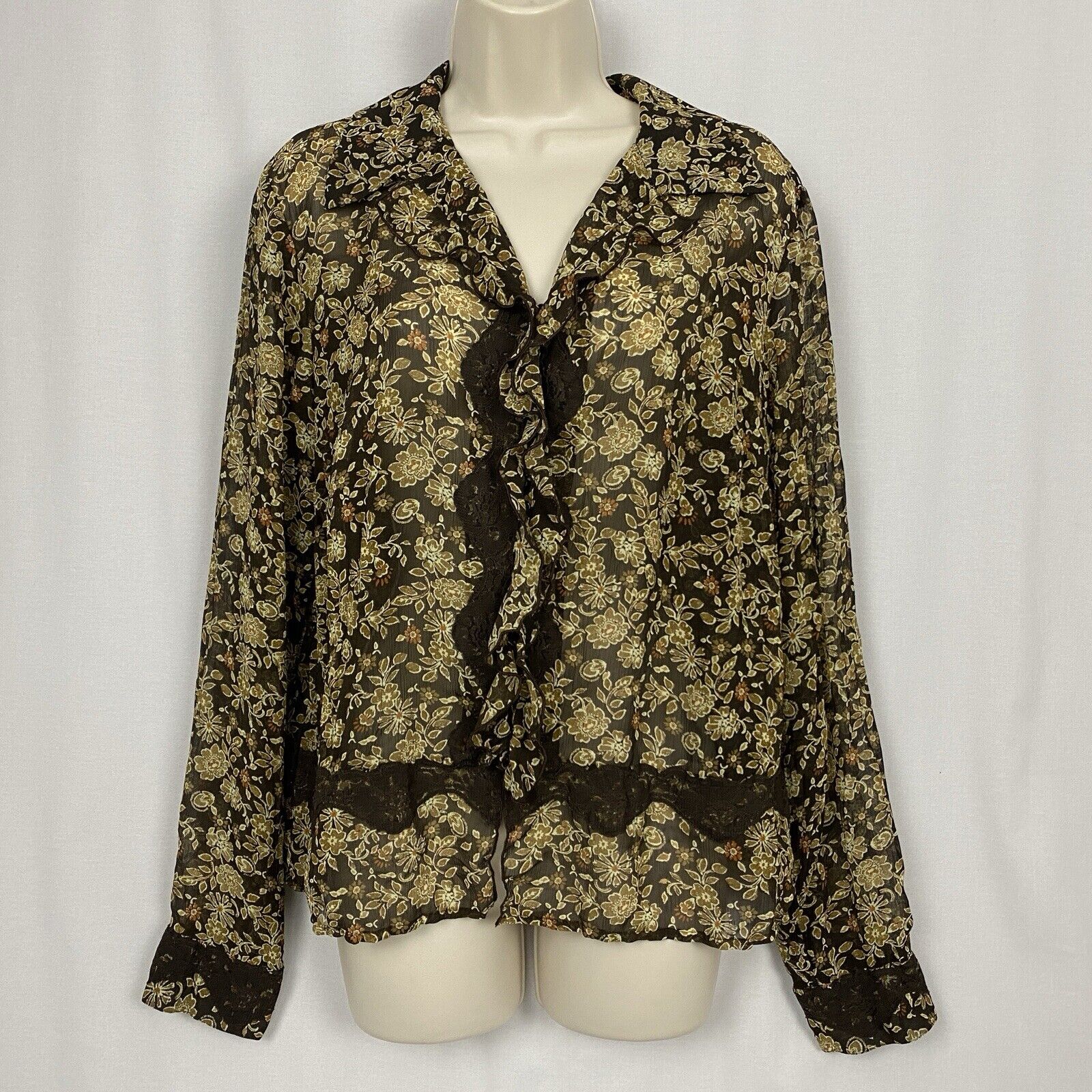 Vintage Liz Claiborne Top Womens 8 Medium Brown Sheer Floral Lacy Cottage Fairy